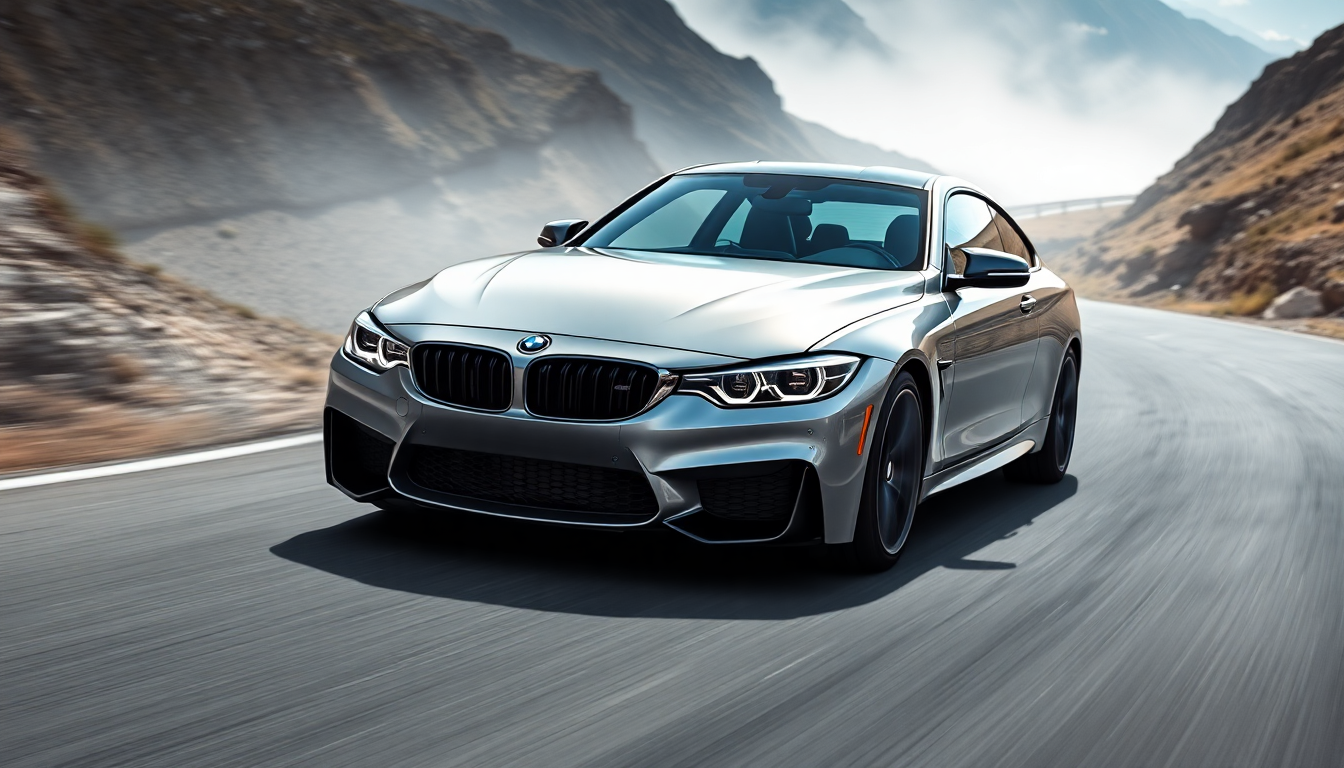 silver bmw m4 driving through mountains