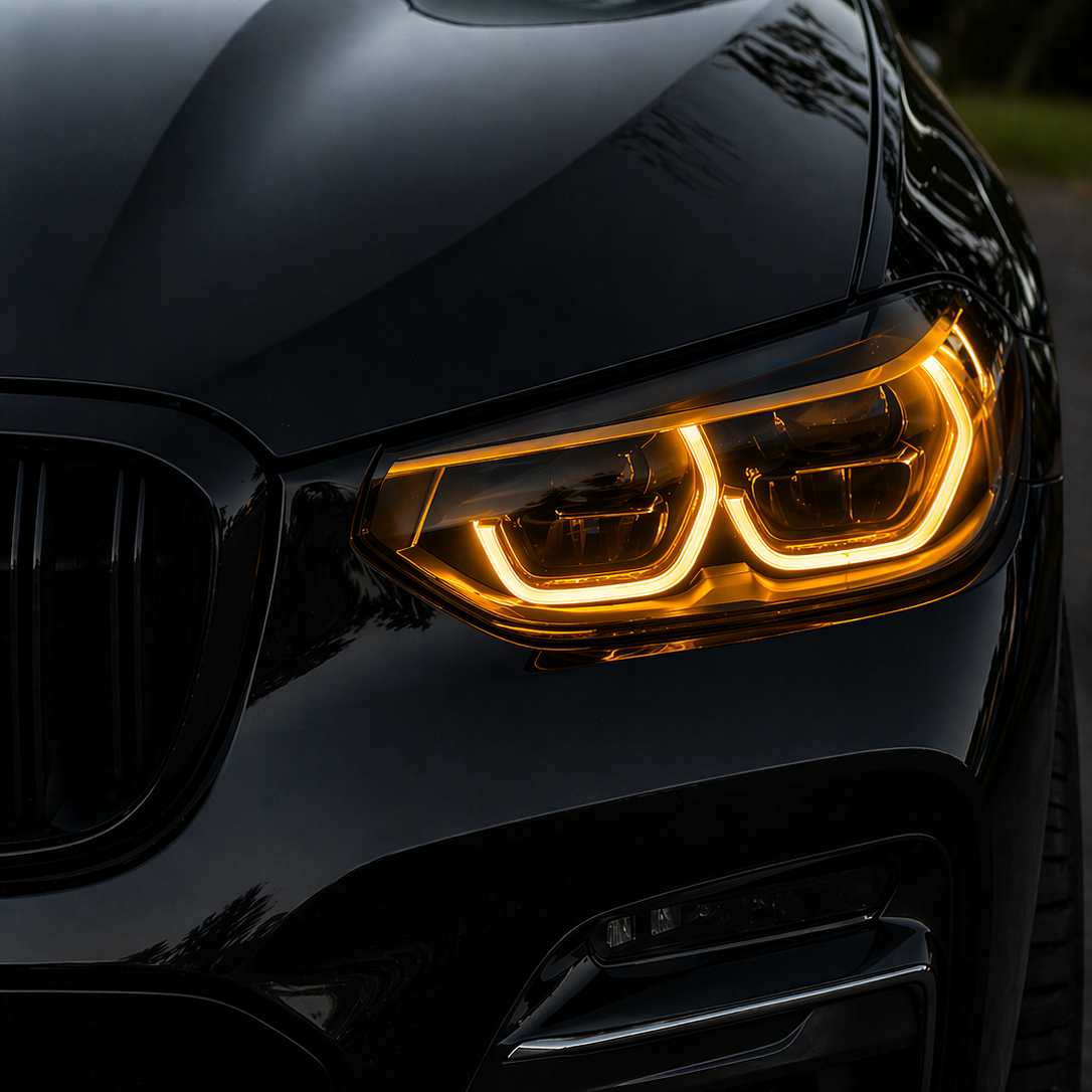 Close-up of a BMW X3/X4 amber DRL headlight with a dark background