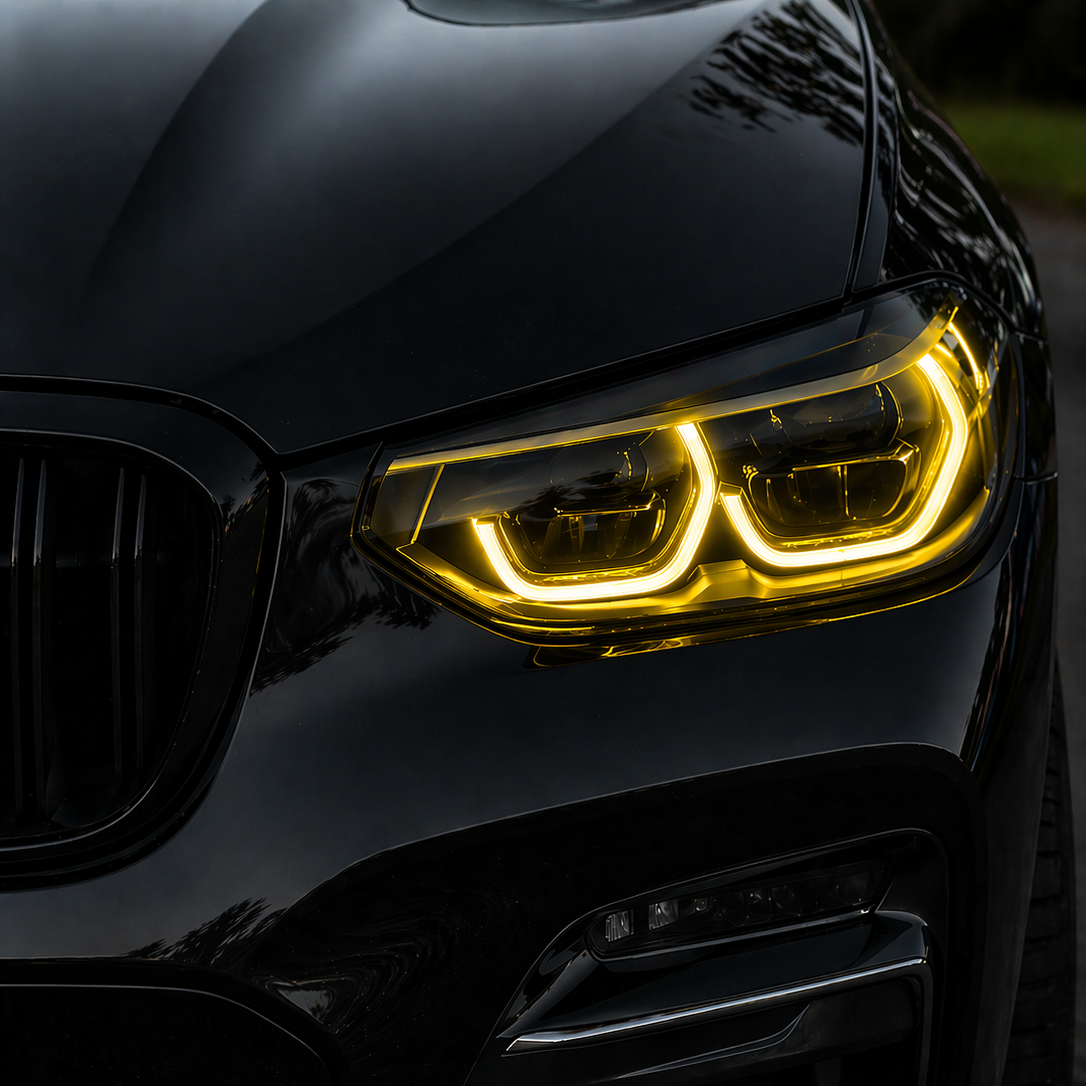 Close-up of a BMW X3 yellow DRL headlight with a dark background