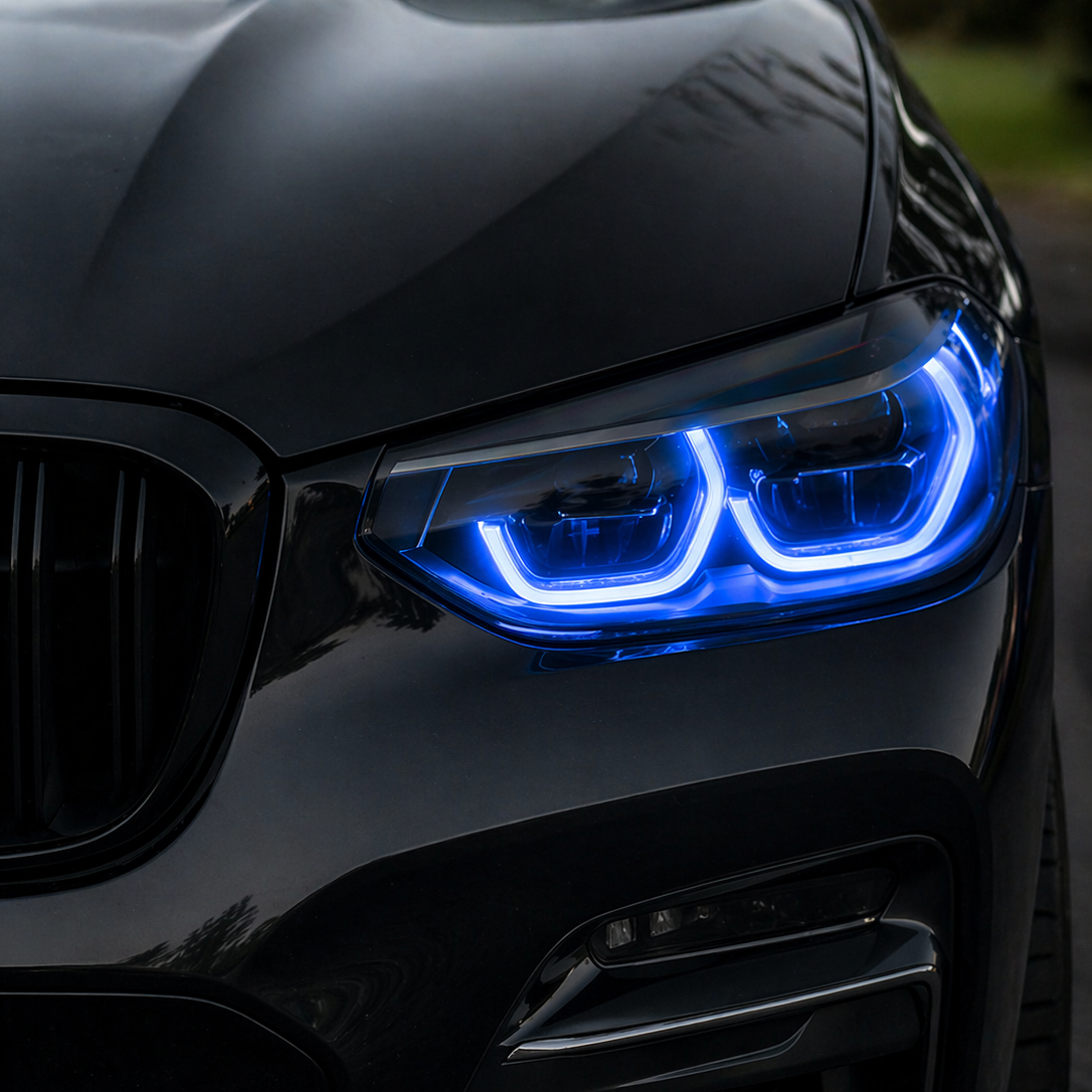 Close-up of a black BMW X3/X4 headlight with blue DRL's