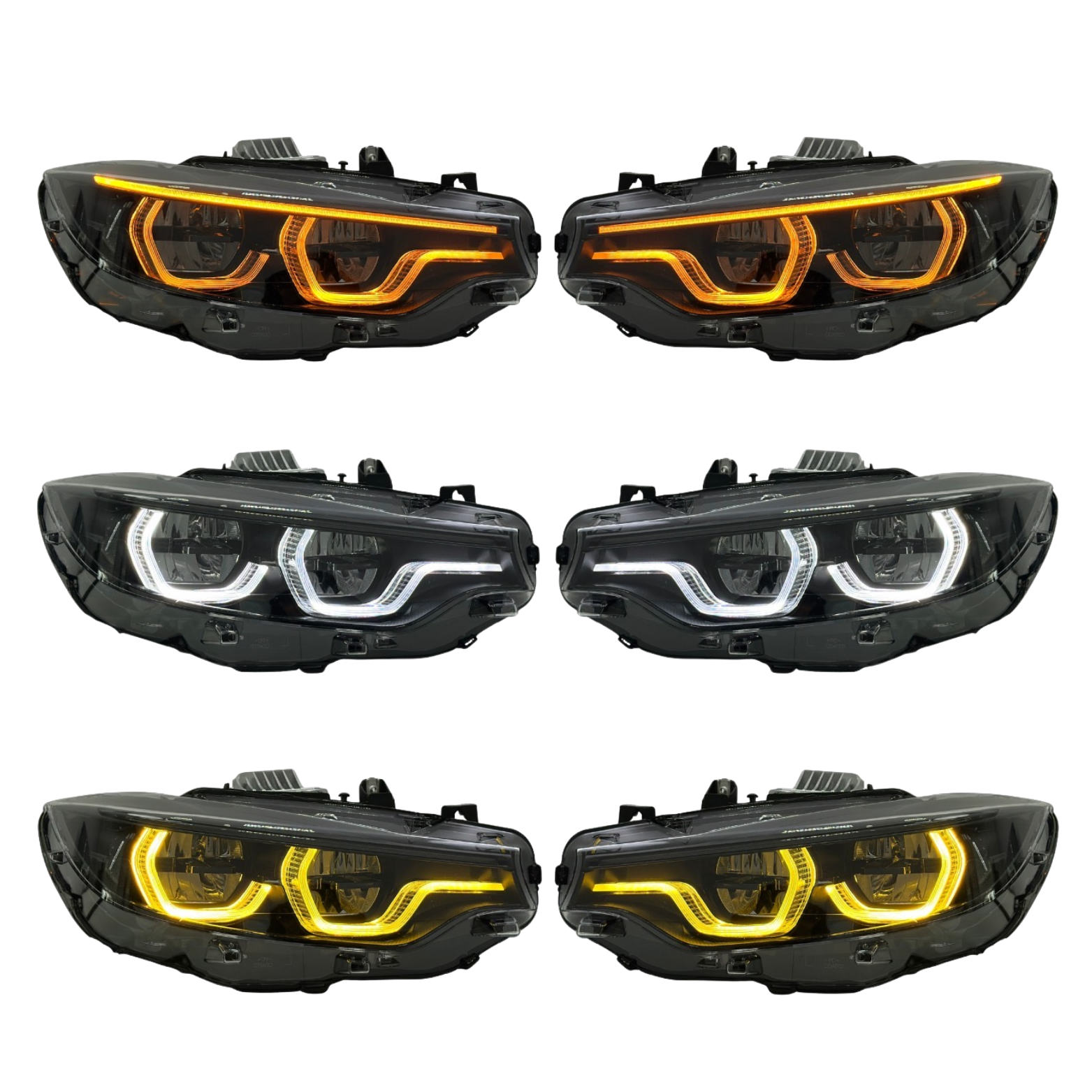 Six car headlights with different lighting configurations on a white background