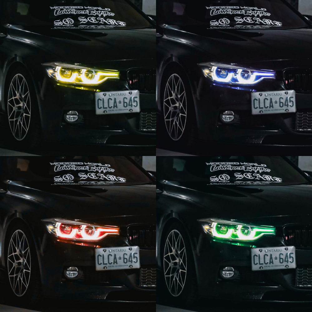 Four different BMW F30 3 series headlights displayed in a collage, displaying different headlight colors