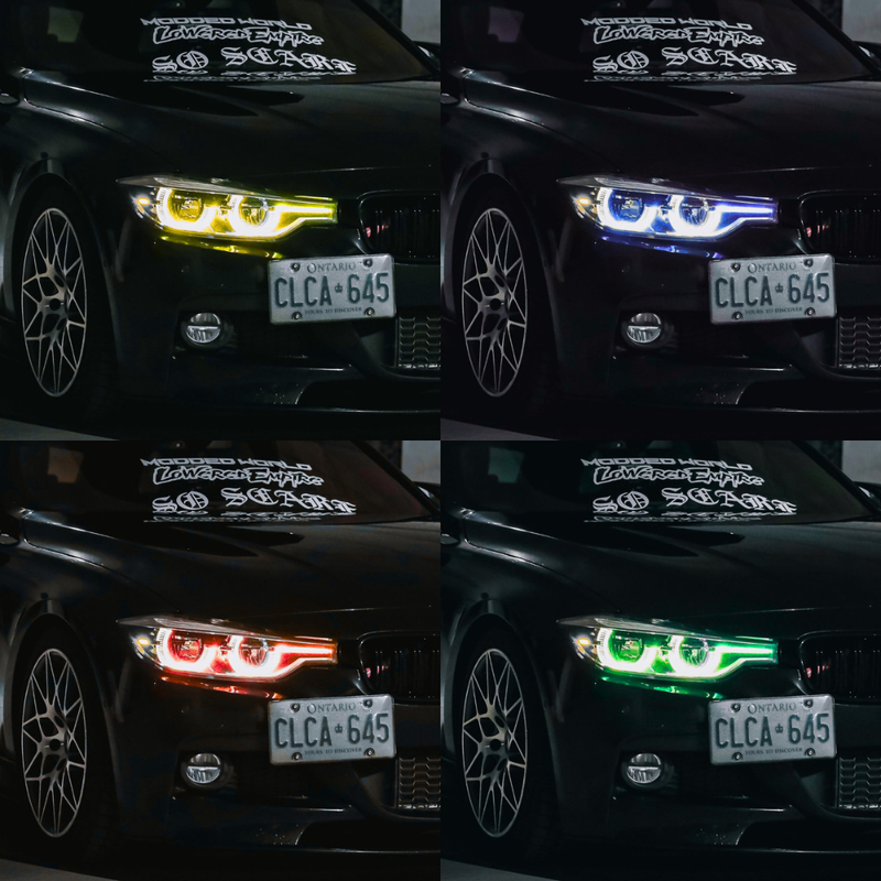 Four different BMW F30 3 series headlights displayed in a collage, displaying different headlight colors
