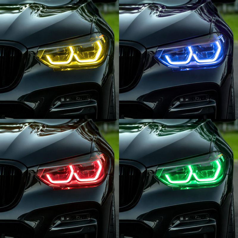 Collage of a car's headlights in yellow, blue, red, and green.