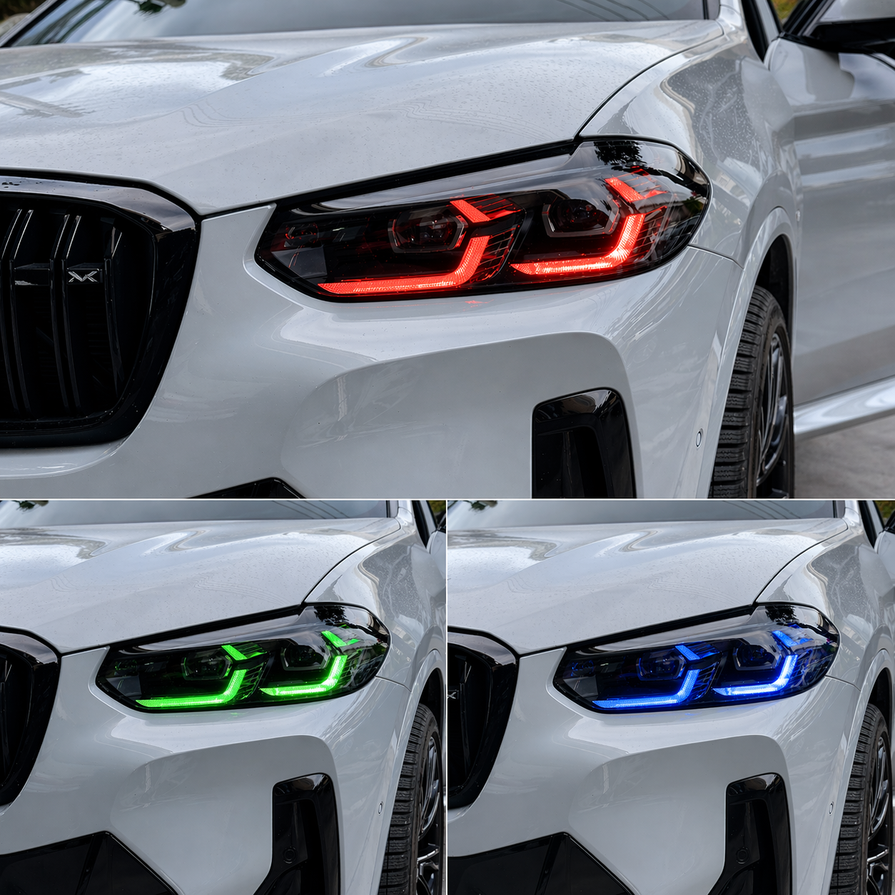 Collage of a BMW G01 X3 with red, green, and blue headlights.