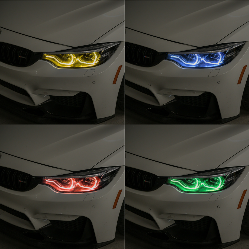 Four different colored 
BMW M4 headlights displayed in a grid.